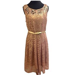 Chetta B Elegant Gold Lace Sleeveless Dress with Belt, Size 14